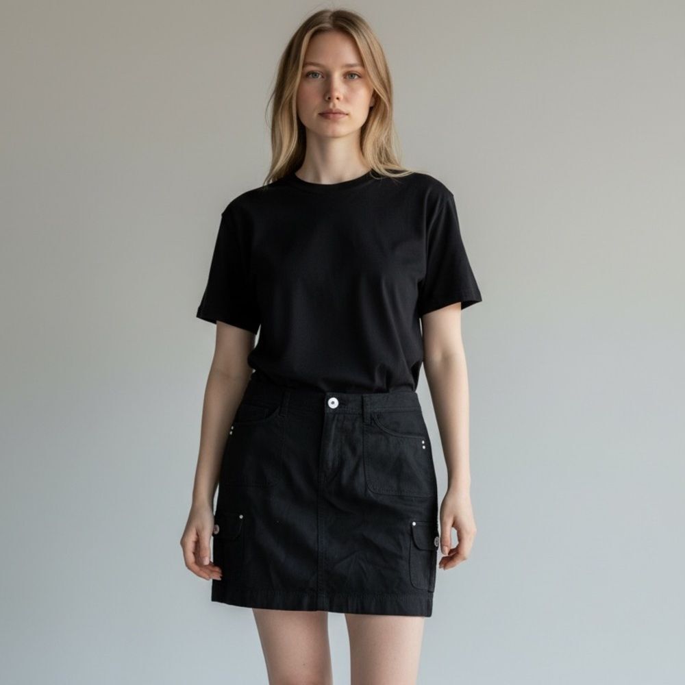 Y2K Black Cargo Mini Skirt Silver Hardware Pockets Cyber Grunge Mall Goth Sz M